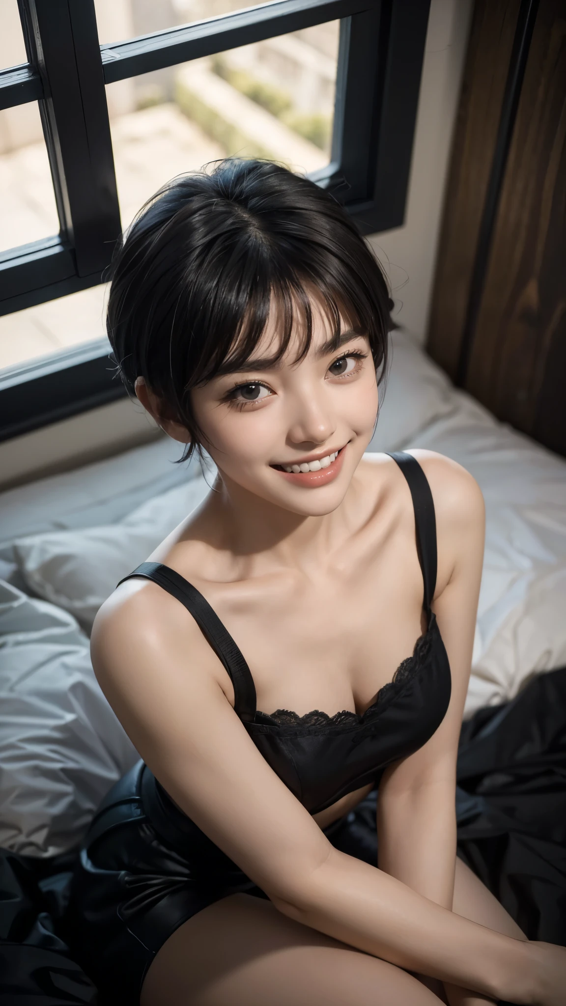 (masterpiece:1.3), (8K, Photorealistic, Raw photo, Best image quality: 1.4), Black fashion、((Portrait taken from above:1.3,)),((Show your teeth and smile:1.4)),((Straight jet black short hair:1.4))、Purple ribbon in hair,((Short bangs hair)),Super detailed face、Attention to detail、double eyelid、Put your chest together、Sharp focus:1.2、Beautiful woman:1.4