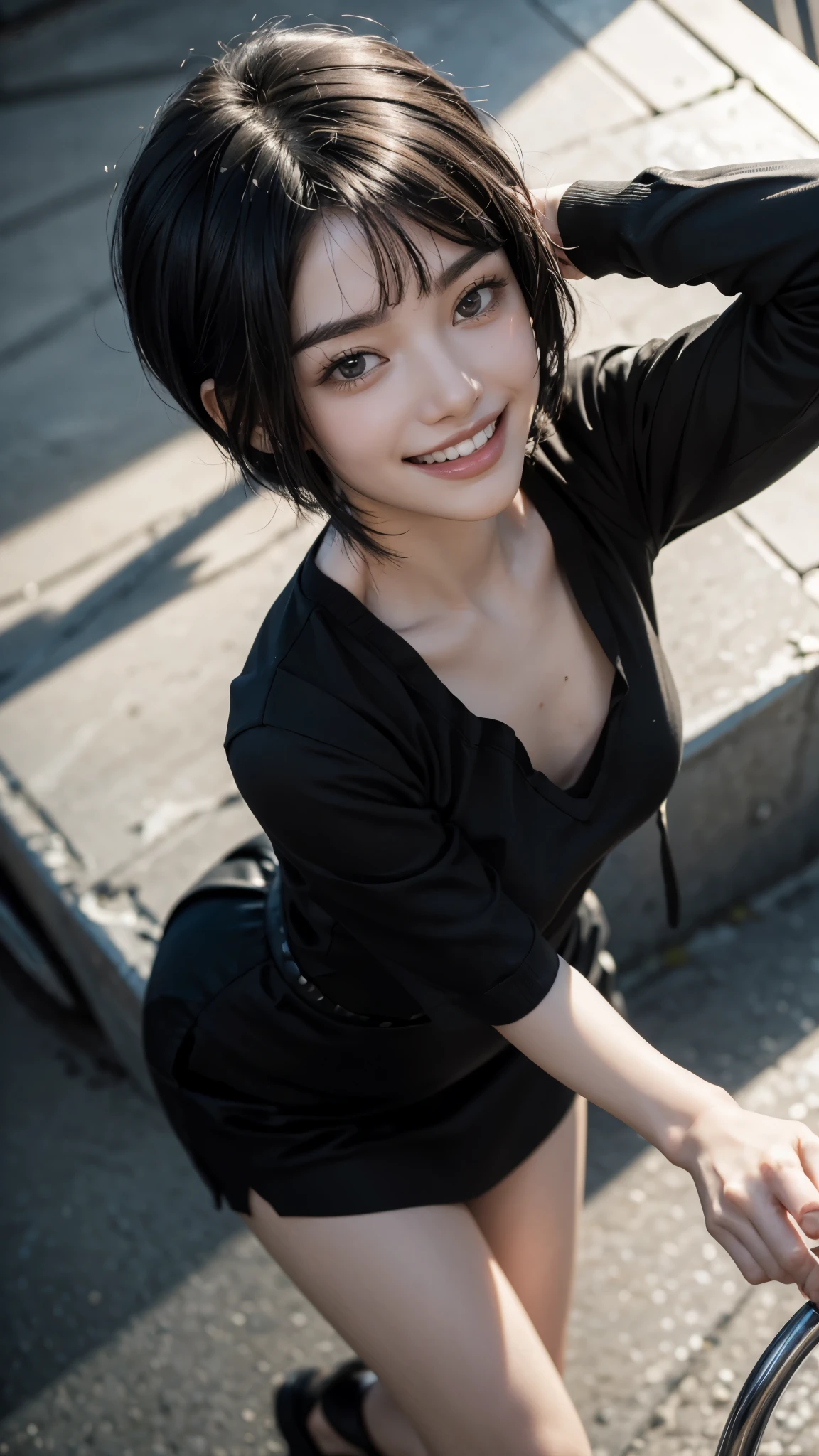 (masterpiece:1.3), (8K, Photorealistic, Raw photo, Best image quality: 1.4), Black fashion、((Portrait taken from above:1.3,)),((Show your teeth and smile:1.4)),((Straight jet black short hair:1.4))、Purple ribbon in hair,((Short bangs hair)),Super detailed face、Attention to detail、double eyelid、Put your chest together、Sharp focus:1.2、Beautiful woman:1.4