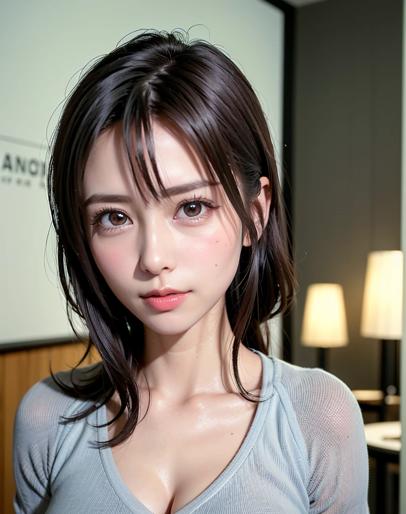 (in 8K, top-quality, masterpiece:1.2), (realisitic, Photorealsitic:1.37), ultra-detailliert, Natural sunlight, mideum breasts, I can see the cleavage, 1 persons, 25 year old woman, Dark hair, Pendants, Torn shorts, Light Knit V-Neck Shirt, At the time of performance, extremely detailed face and skin, A detailed eye, extremely detailed face and skin