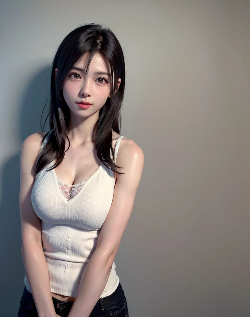 (in 8K, top-quality, masterpiece:1.2), (realisitic, Photorealsitic:1.37), ultra-detailliert, Natural sunlight, mideum breasts, I can see the cleavage, 1 persons, 25 year old woman, Dark hair, Pendants, Torn shorts, Light Knit V-Neck Shirt, At the time of performance, extremely detailed face and skin, A detailed eye, extremely detailed face and skin