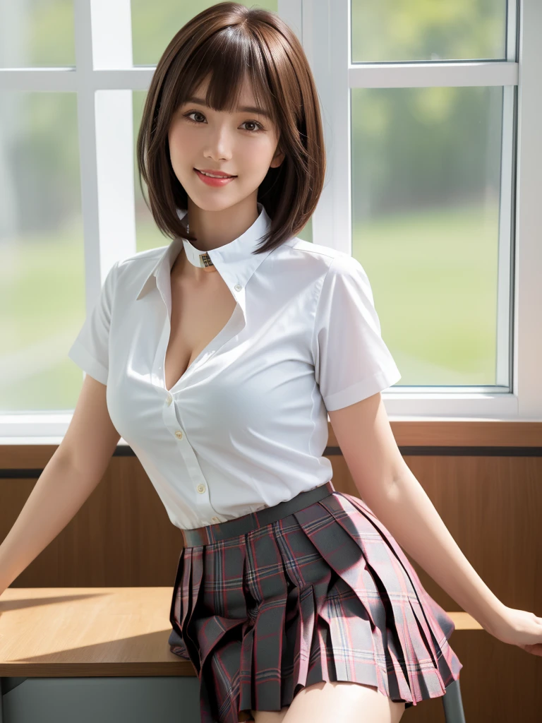1girl, Chinese girl, solo, facing viewer, smile, 8k, masterpiece, (((short brown hair, bangs))), (((white shirt with collar))), (short sleeves, unbuttoned), ((pleated tartan skirt)), posing for a picture, highly detailed face and skin texture, detailed eyes, realistic, daytime, high resolution, 8k, medium breast, cleavage: 1.2, classroom, table, chair, blackboard, window, 8k, sexy poses