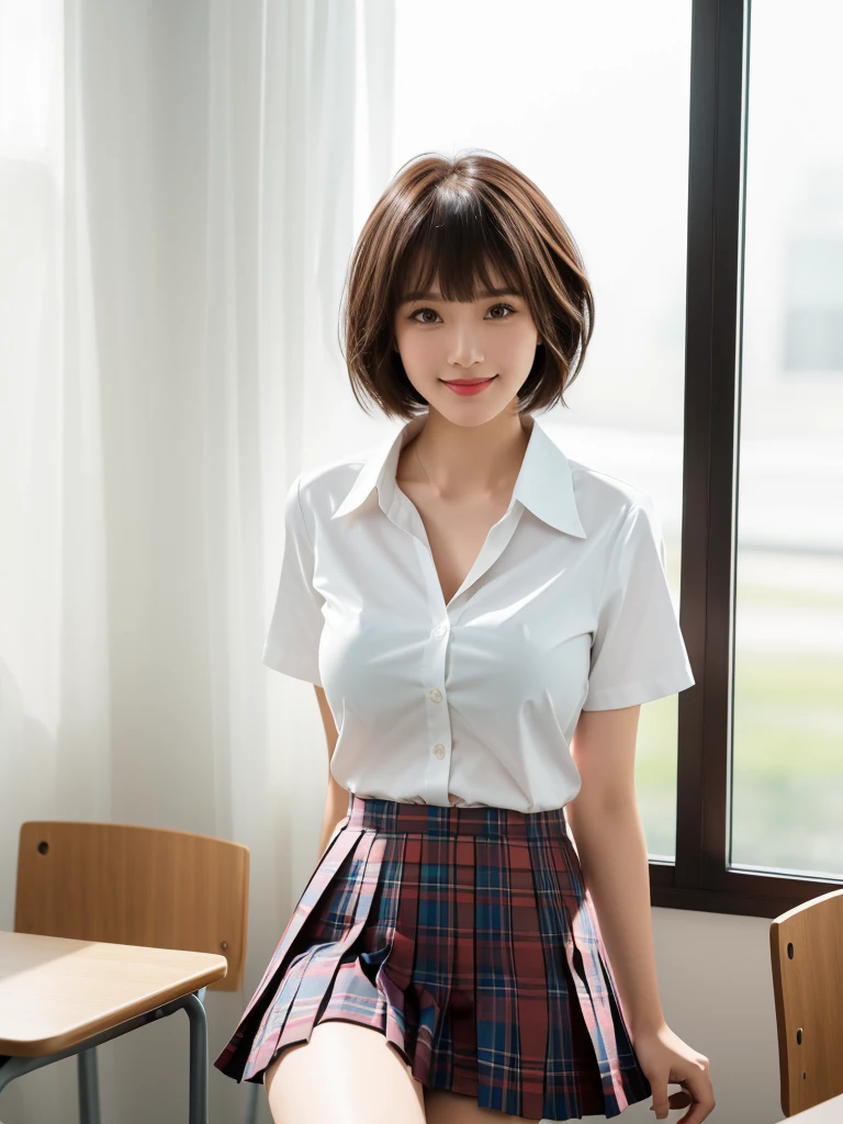 1girl, Chinese girl, solo, facing viewer, smile, 8k, masterpiece, (((short brown hair, bangs))), (((white shirt with collar))), (short sleeves, unbuttoned), ((pleated tartan skirt)), posing for a picture, highly detailed face and skin texture, detailed eyes, realistic, daytime, high resolution, 8k, medium breast, cleavage: 1.2, classroom, table, chair, blackboard, window, 8k, sexy poses