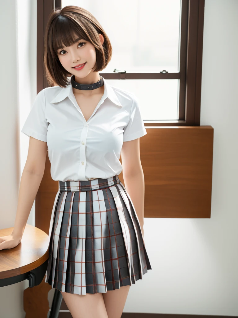 1girl, Chinese girl, solo, facing viewer, smile, 8k, masterpiece, (((short brown hair, bangs))), (((white shirt with collar))), (short sleeves, unbuttoned), ((pleated tartan skirt)), posing for a picture, highly detailed face and skin texture, detailed eyes, realistic, daytime, high resolution, 8k, medium breast, cleavage: 1.2, classroom, table, chair, blackboard, window, 8k, sexy poses