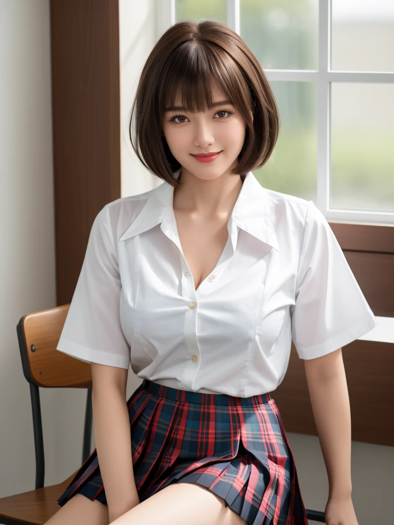 1girl, Chinese girl, solo, facing viewer, smile, 8k, masterpiece, (((short brown hair, bangs))), (((white shirt with collar))), (short sleeves, unbuttoned), ((pleated tartan skirt)), posing for a picture, highly detailed face and skin texture, detailed eyes, realistic, daytime, high resolution, 8k, medium breast, cleavage: 1.2, classroom, table, chair, blackboard, window, 8k, sexy poses