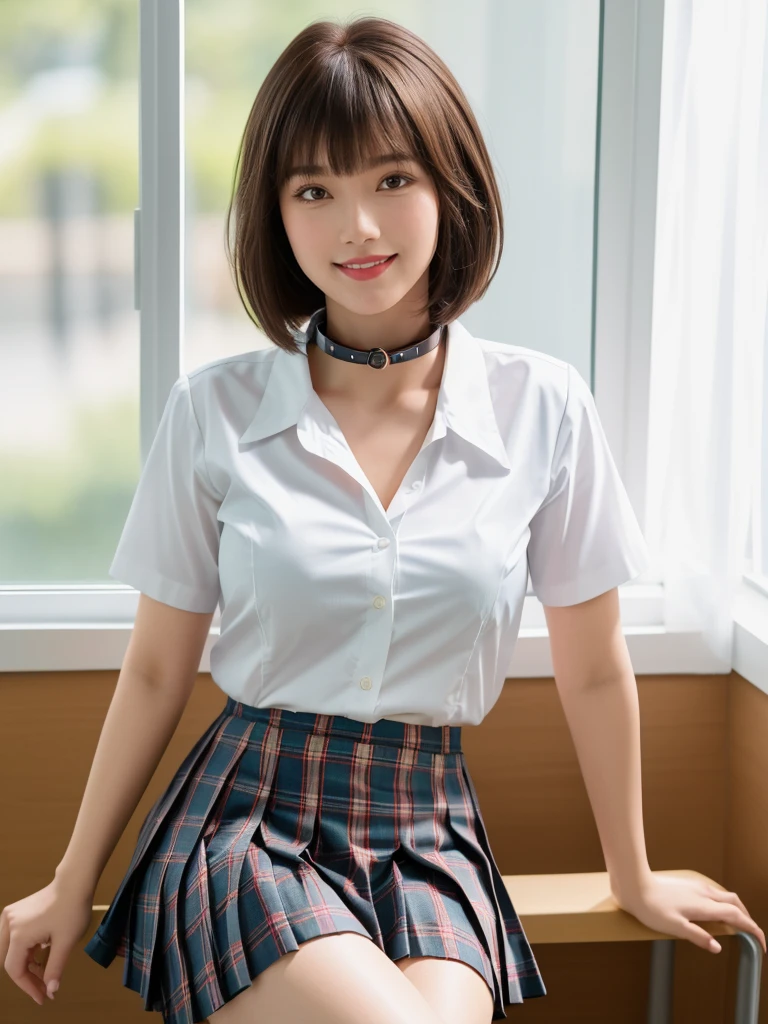 1girl, Chinese girl, solo, facing viewer, smile, 8k, masterpiece, (((short brown hair, bangs))), (((white shirt with collar))), (short sleeves, unbuttoned), ((pleated tartan skirt)), posing for a picture, highly detailed face and skin texture, detailed eyes, realistic, daytime, high resolution, 8k, medium breast, cleavage: 1.2, classroom, table, chair, blackboard, window, 8k, sexy poses