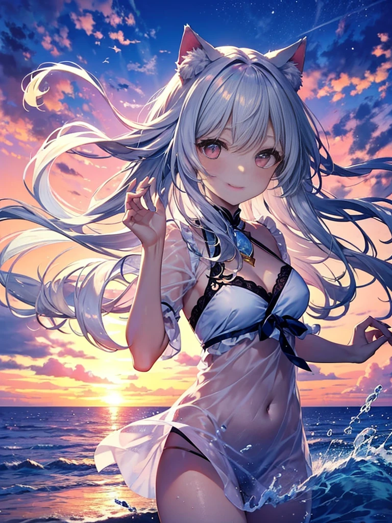 Highly detailed face, water effects、Light effects,medium breasts,pretty girl,smile,Cat ear,Beautiful silver hair,Pink inside,Beautiful pink eyes ,an orange、pink there、Yellow blends to fill the sky、The sunset over the beach is truly mesmerizing。The crystal clear sea gently kisses the shore、White sand beaches stretch everywhere。Seagulls soar high into the sky、It is a dynamic and breathtaking scene with palm trees gently swaying。Embrace a calm atmosphere、Peace washes you。