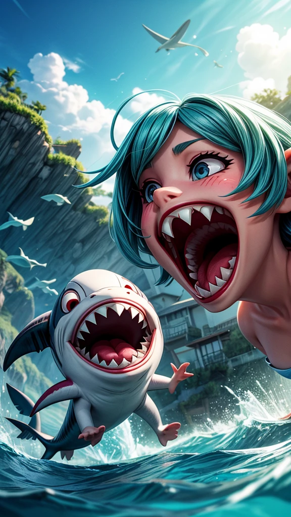 Shark Girl、Coming out of the sea onto land、Laugh with your mouth wide open、shark teeth、Fantasy