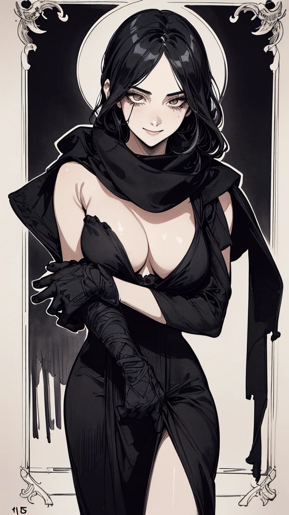 Top quality, (background details), high contrast, one very beautiful woman, detailed original illustration, functional, delicate face, ninja, ninja costume, black hair, scarf, face hidden by hand towel, charming, bad girl, sexy, real breasts, crazy smile, crazy eyes, black robe, black background, (black background: 1. 5 ), beautiful line drawing, monochrome