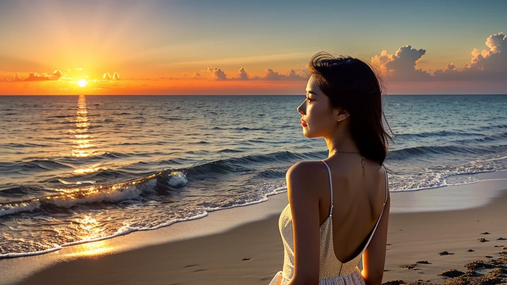 A young and very beautiful woman、Wearing a charming dress with a wide open back、Detailed back view of a woman、Backlight、sunset、Beach、(highest quality、4k、8k、High resolution、masterpiece:1.2)、Super detailed、(Real、Photorealistic、Photorealistic:1.37)、Detailed profile、Highly detailed eyes and face、Long eyelashes、Delicate skin、Graceful pose、Dramatic lighting、Warm colors、Golden Hour、Calm sea、Sandy Beach、Light clouds、Dramatic Sky