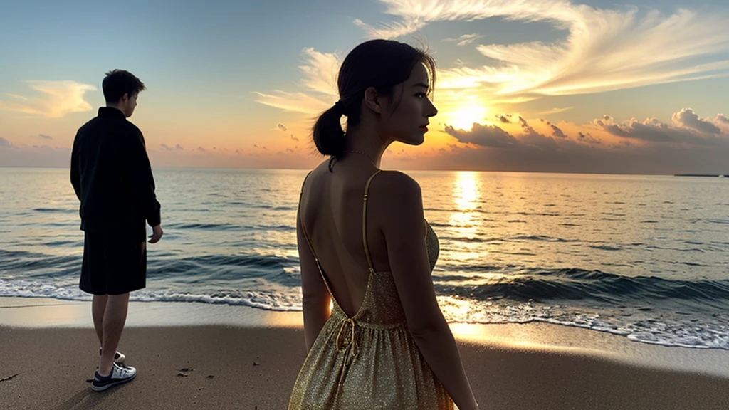 A young and very beautiful woman、Wearing a charming dress with a wide open back、Detailed back view of a woman、Backlight、sunset、Beach、(highest quality、4k、8k、High resolution、masterpiece:1.2)、Super detailed、(Real、Photorealistic、Photorealistic:1.37)、Detailed profile、Highly detailed eyes and face、Long eyelashes、Delicate skin、Graceful pose、Dramatic lighting、Warm colors、Golden Hour、Calm sea、Sandy Beach、Light clouds、Dramatic Sky
