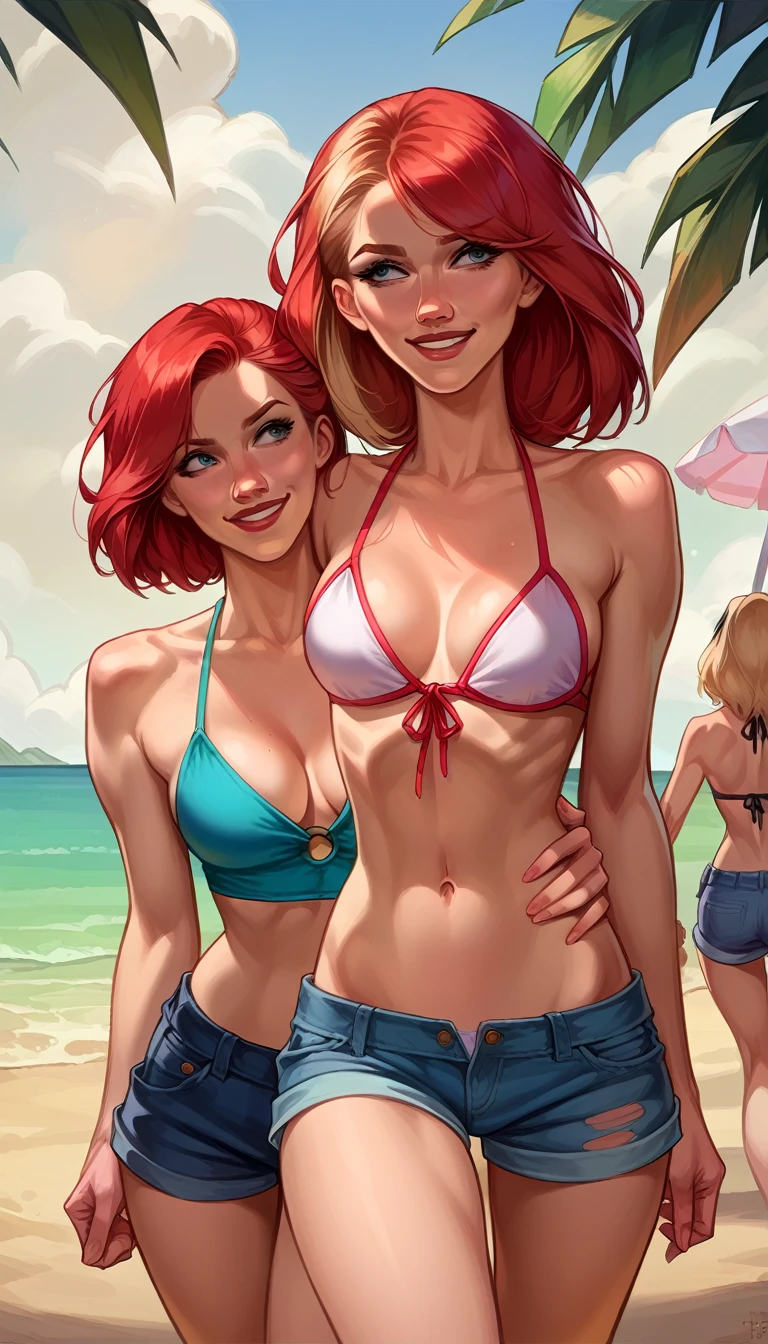 score_9, score_8_up, score_8_up, source_cartoon, 2girls, (Gwen Stacy:1.0), (MJ Watson, red hair:1.0), girlfriends, lovers, yuri, cleavage, bikini top, shorts, beach, outdoors, walking, smiling.