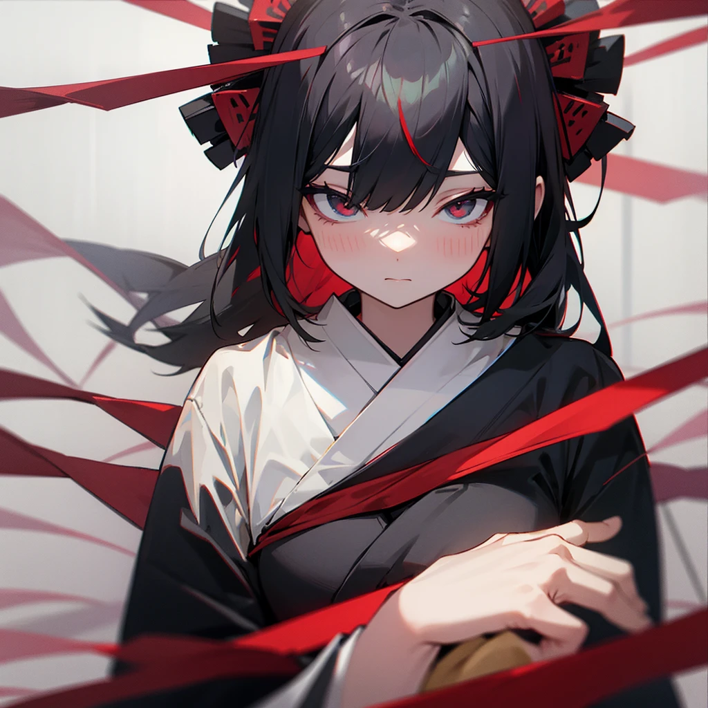 Patterned black kimono Bob Red ribbon on head Expressionless
