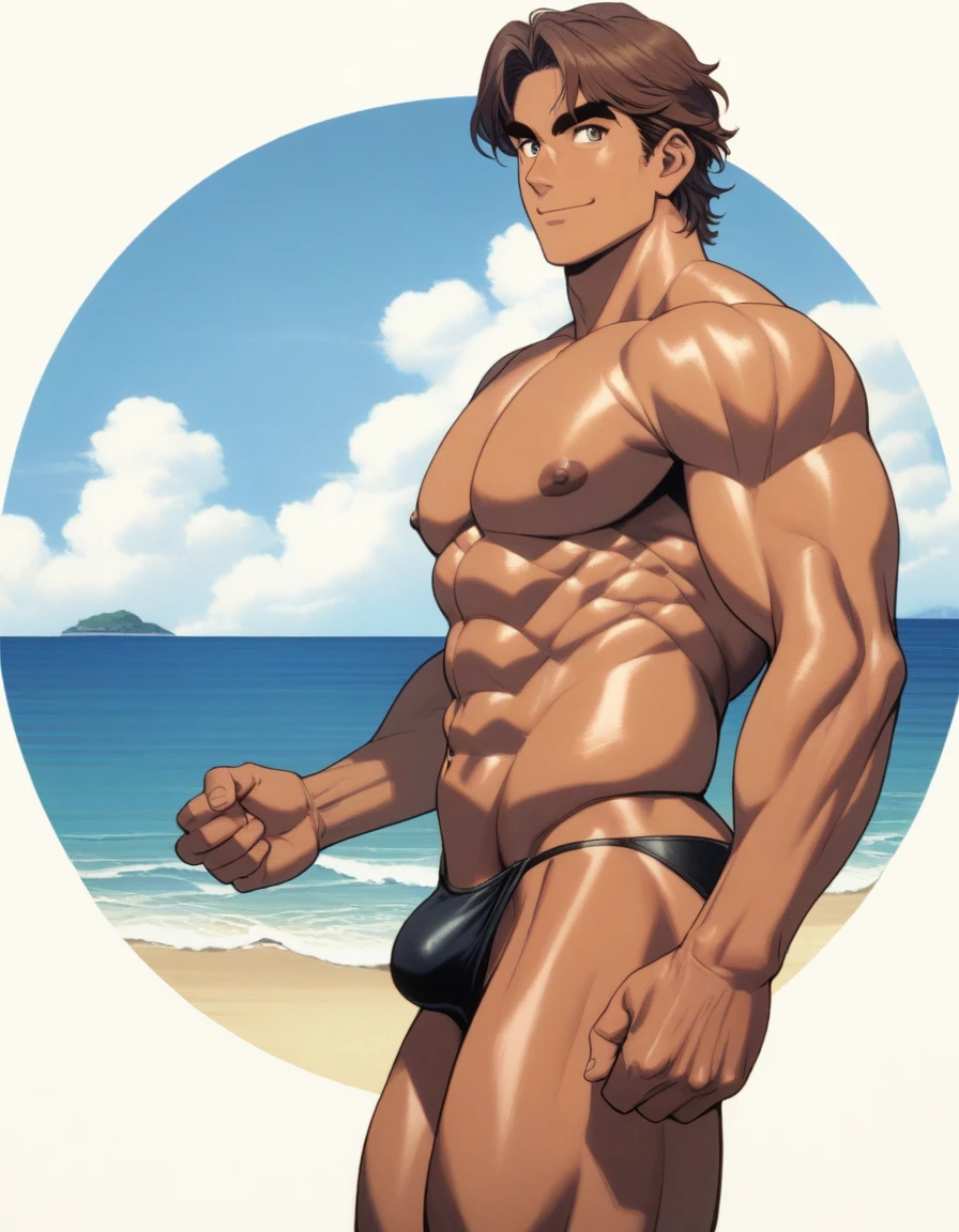 1man, muscular Knight, parted bangs, upper waist, 40yo, brown hair, evergreen eyes, thick brown eyebrow, sanpaku, tanned skin, small eyes, heavy weight mature, stocky waist, male high ideal ratio body proportions, ordinary father, masculine, naked mature kight, BREAK black swim bikini, topless, off shot, male nipples, abs, thigh, small bulge, fullbody, solo, looking side, soft smile, sexy posing, seaside, from side, animated color, 1990s, extreme all detailed, masterpiece, best quality