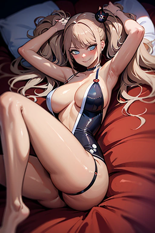 hot seductive mature woman, junko enoshima, slight tan, curvy body, smooth skin, fluffy pigtails, choker, blushing a lot on cheeks and nose, posing seductively in bed, messy hair, sharp blue eyes, beautiful face, safe for work, smooth skin, legs closeup, view from front and above, showing armpits, black dress