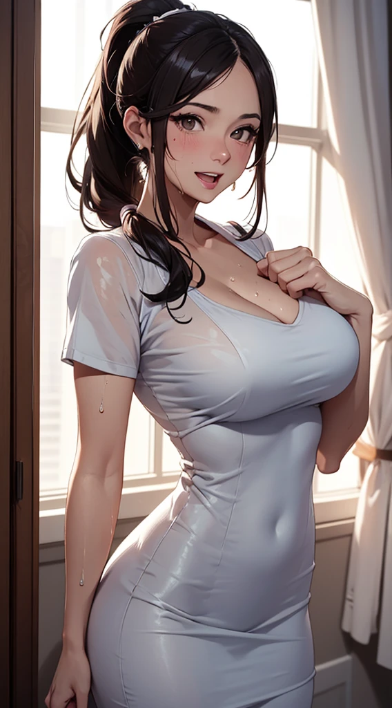 masterpiece, Best image quality, high resolution、solo、LOP,big bust,、uniform、high-ponytail Hairstyle、Not wearing a bra、Sweaty face、latina, puberty,winters,,38 years old,Madame,goddess,mature 여성, mom,motherhood,mature,madam,wet nurse,tight tight dress,excited face,a little laugh