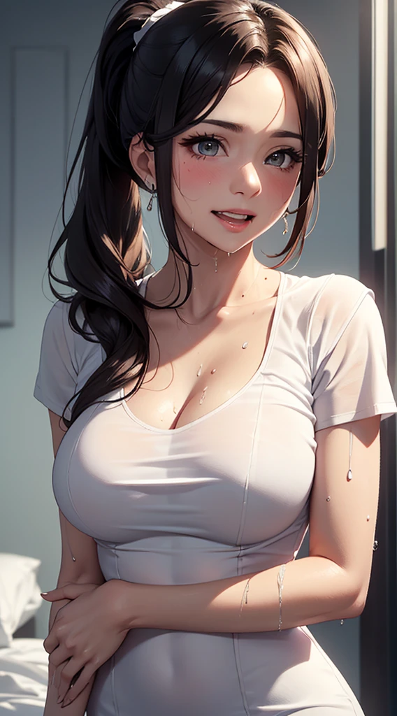 masterpiece, Best image quality, high resolution、solo、LOP，big bust，、uniform、high-ponytail Hairstyle、Not wearing a bra、Sweaty face、latina, puberty,winters，,38 years old,Madame,goddess,mature 여성, mom,motherhood,mature,madam,wet nurse,tight tight dress,excited face,a little laugh