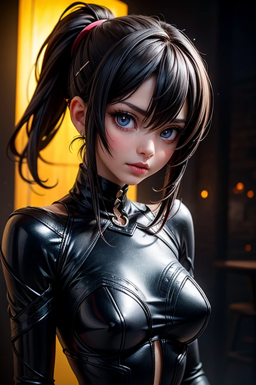 a female character in a dusty club, her attire emblazoned with digital patterns, surrounded by a dark, unbalanced environment, she exudes a hing yet reliable presence, her appearance flawed yet strong, with a sparkle in her eyes and a faint, buttglow, the scene is super-saturated with an uncanny, disfigured portrayal