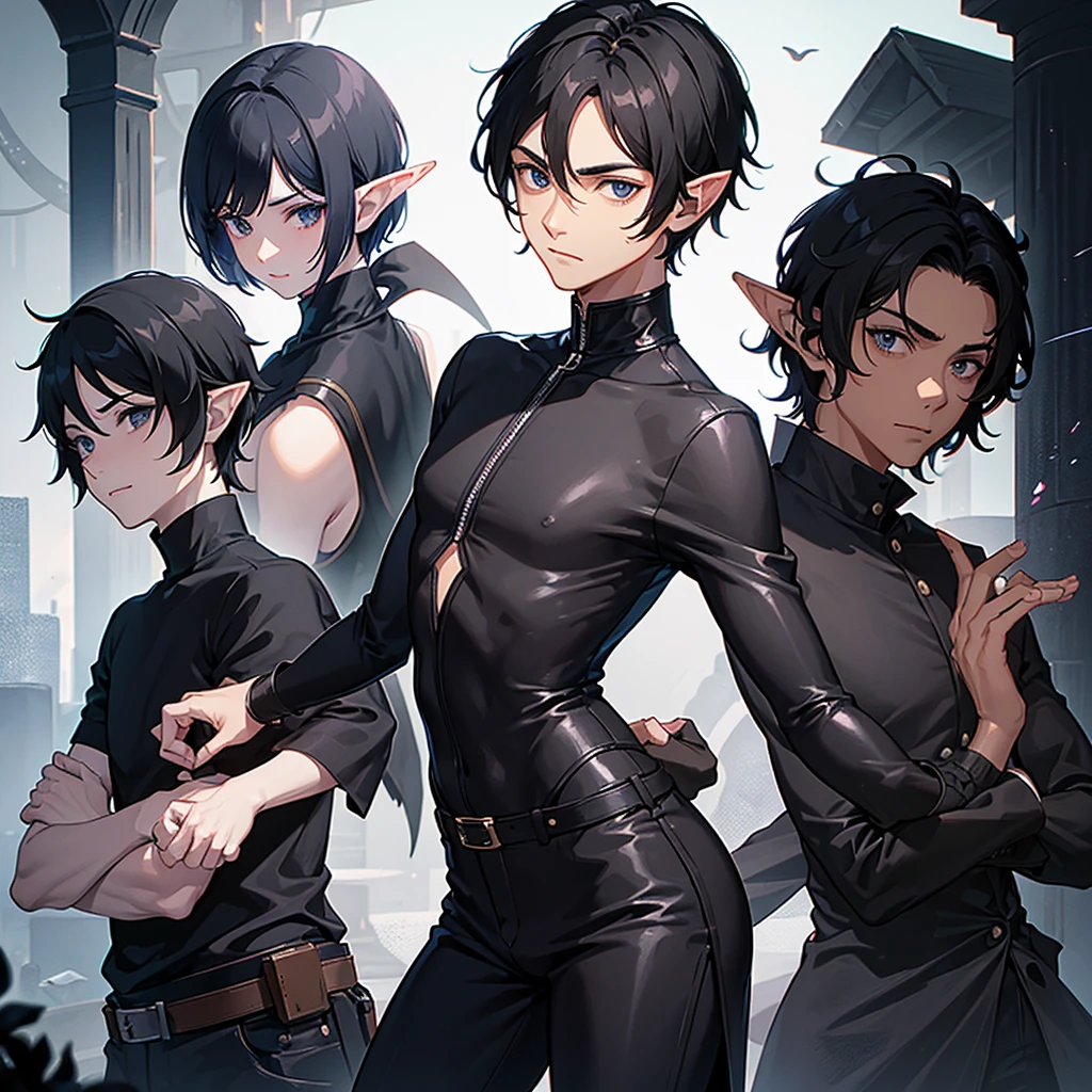 1 man with short hair, black hair, black eyes, wearing a black shirt, elf race, a wizard, has 2 arms.