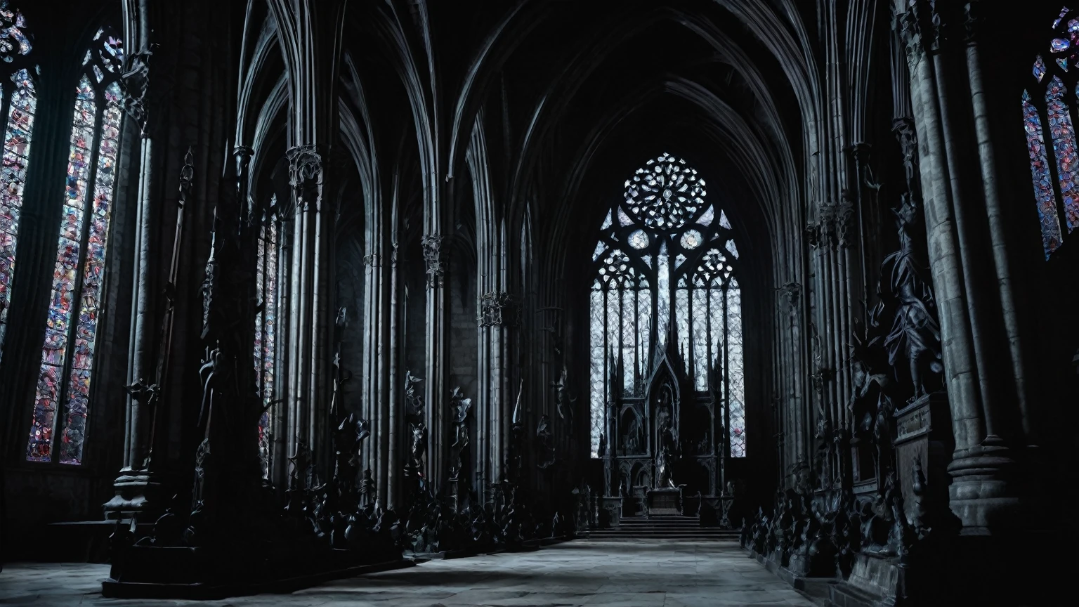 interior of a mysterious dark gothic cathedral, demonic statues, gargoyles, medieval, dark fantasy, vampirism, darkness, evil, horror, background