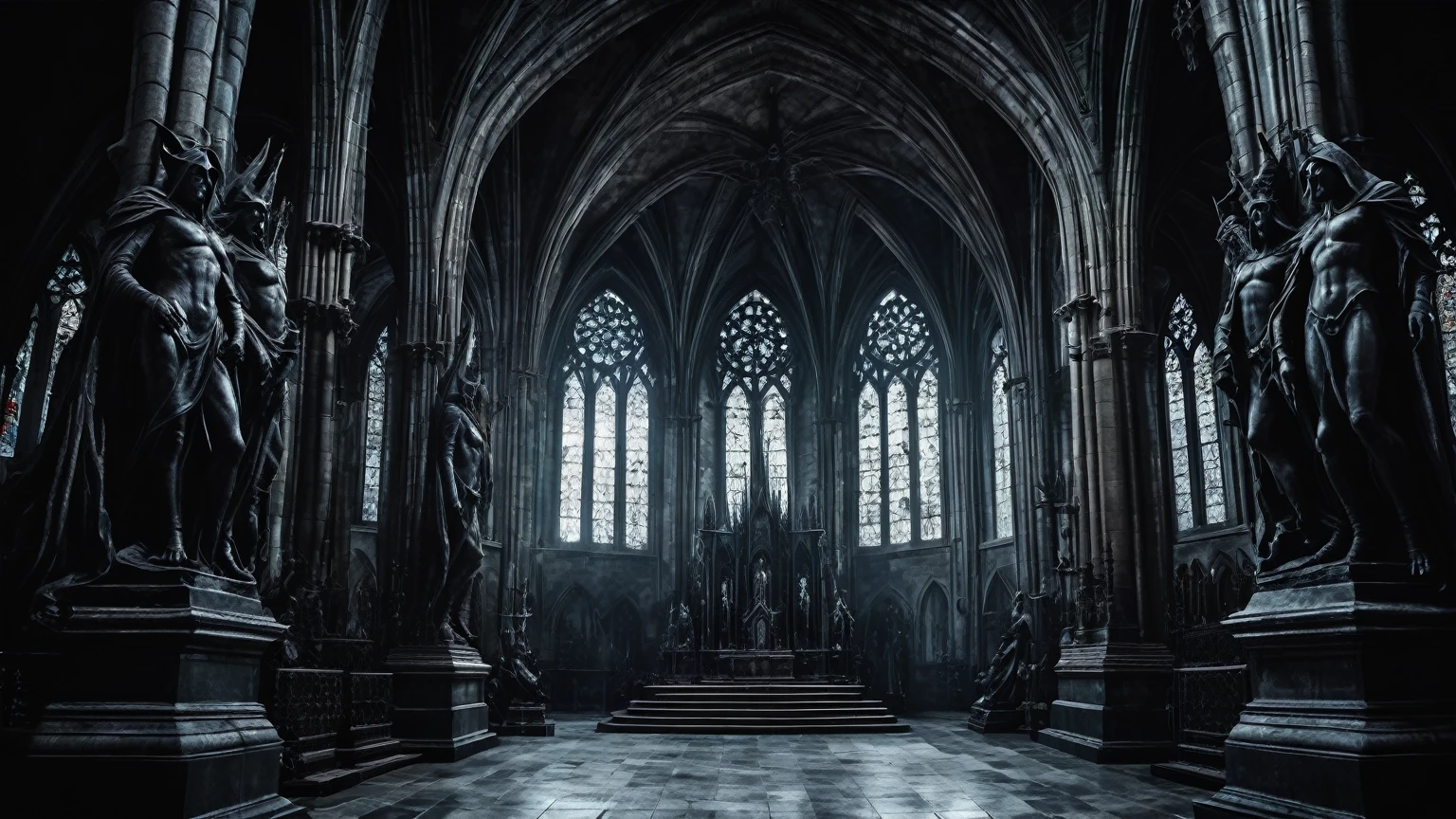 interior of a mysterious dark gothic cathedral, demonic statues, gargoyles, medieval, dark fantasy, vampirism, darkness, evil, horror, background