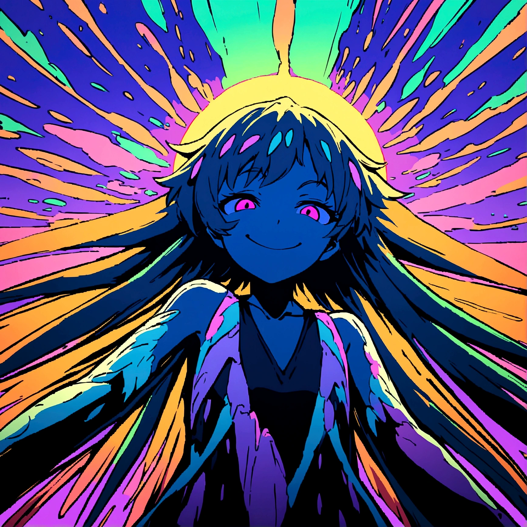 a colorful pastel fallen angel with a sinister smile descending from the sky, flat shading, thick outlines, highly detailed, best quality, ultra-detailed, modern anime illustration