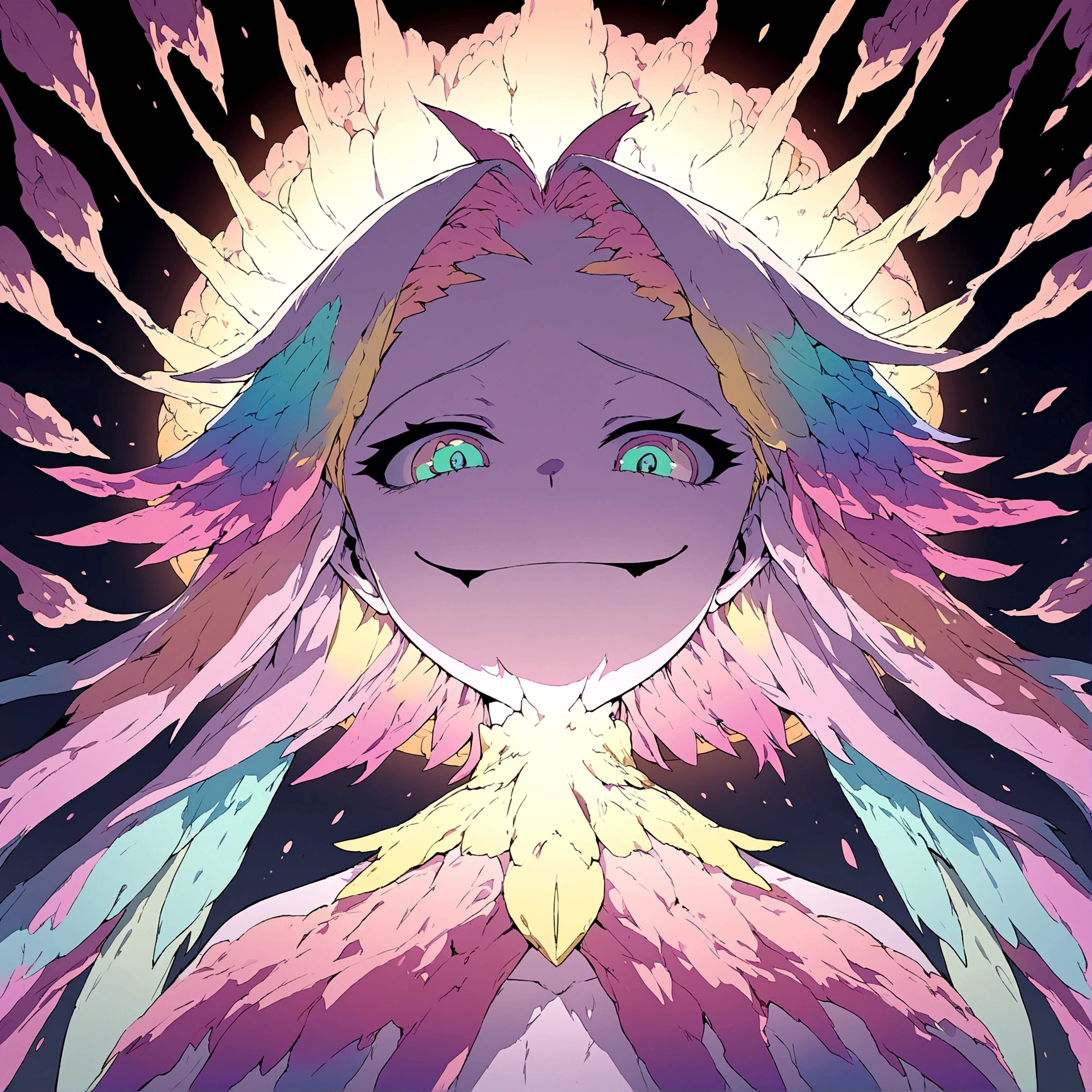 a colorful pastel fallen angel with a sinister smile descending from the sky, flat shading, thick outlines, highly detailed, best quality, ultra-detailed, modern anime illustration