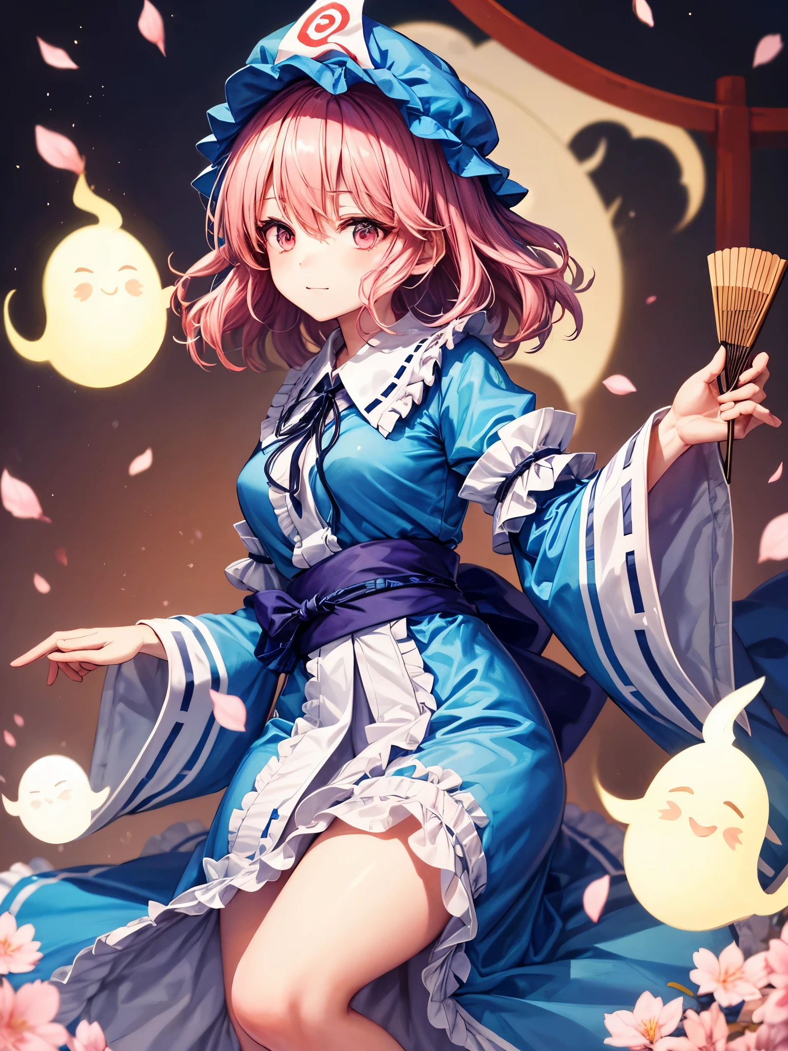 1girl, saigyouji yuyuko (touhou), pink eyes, short hair, wavy hair, pink hair, blue headwear, mob cap, neck ribbon, black ribbon, blue kimono, frilled kimono, obi, long sleeves, wide sleeves, frilled sleeves, sleeve garter, triangular headpiece, blue bow, waist bow, hitodama, ghost, folding fan, saigyouji yuyuko's fan design, shippou (pattern), goshoguruma, cherry blossoms,