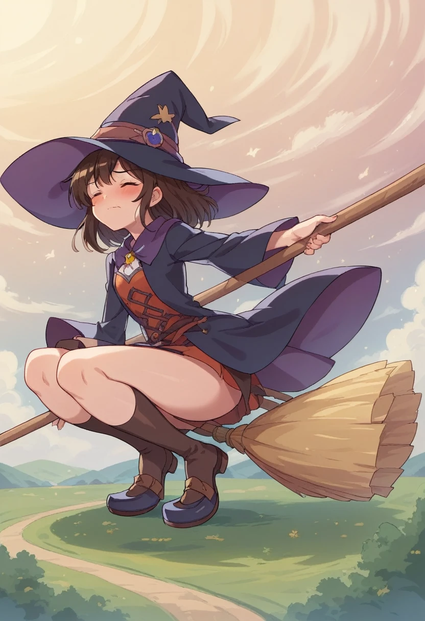 ((((空を飛ぶwitch))),((Ride a broom)),(Straddling a broom),Fantasy,Beautiful light and shadow,Anatomically correct,masterpiece,Highest quality,最高masterpiece,8K,Use of magic,witch:witchの帽子:witchの衣装:Familiar,Wind,Fantasy,wonderful,An illustration,Digital Art,wonderful,wonderful,カラーAn illustration,Rich colors,Blushing,Eyes closed,Mouth closed,Holding the end of the broom tightly with both hands,slightly squatting,Both feet are on the ground,Both feet are wearing shoes,（ One broom handle、The broom handle is connected）,The tips of the broom face backwards