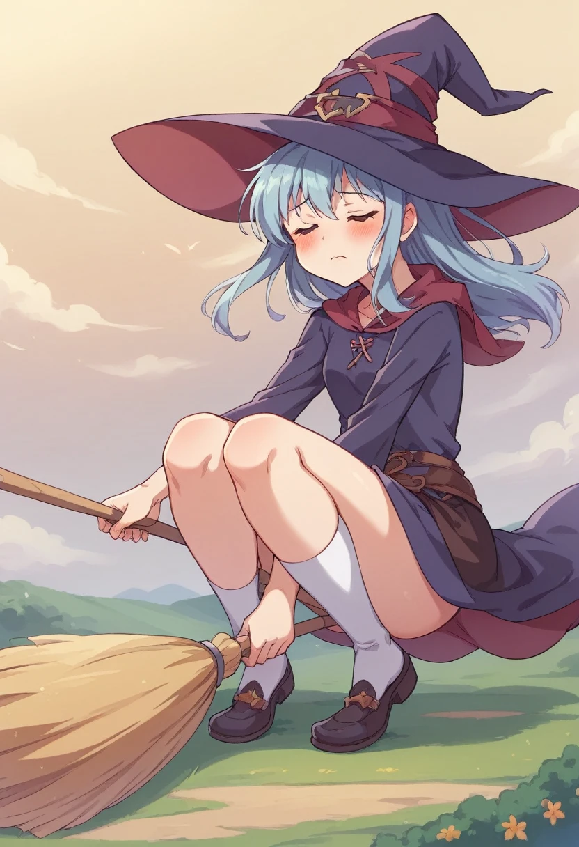 ((((空を飛ぶwitch))),((Ride a broom)),(Straddling a broom),Fantasy,Beautiful light and shadow,Anatomically correct,masterpiece,Highest quality,最高masterpiece,8K,Use of magic,witch:witchの帽子:witchの衣装:Familiar,Wind,Fantasy,wonderful,An illustration,Digital Art,wonderful,wonderful,カラーAn illustration,Rich colors,Blushing,Eyes closed,Mouth closed,Holding the end of the broom tightly with both hands,slightly squatting,Both feet are on the ground,Both feet are wearing shoes,（ One broom handle、The broom handle is connected）,The tips of the broom face backwards