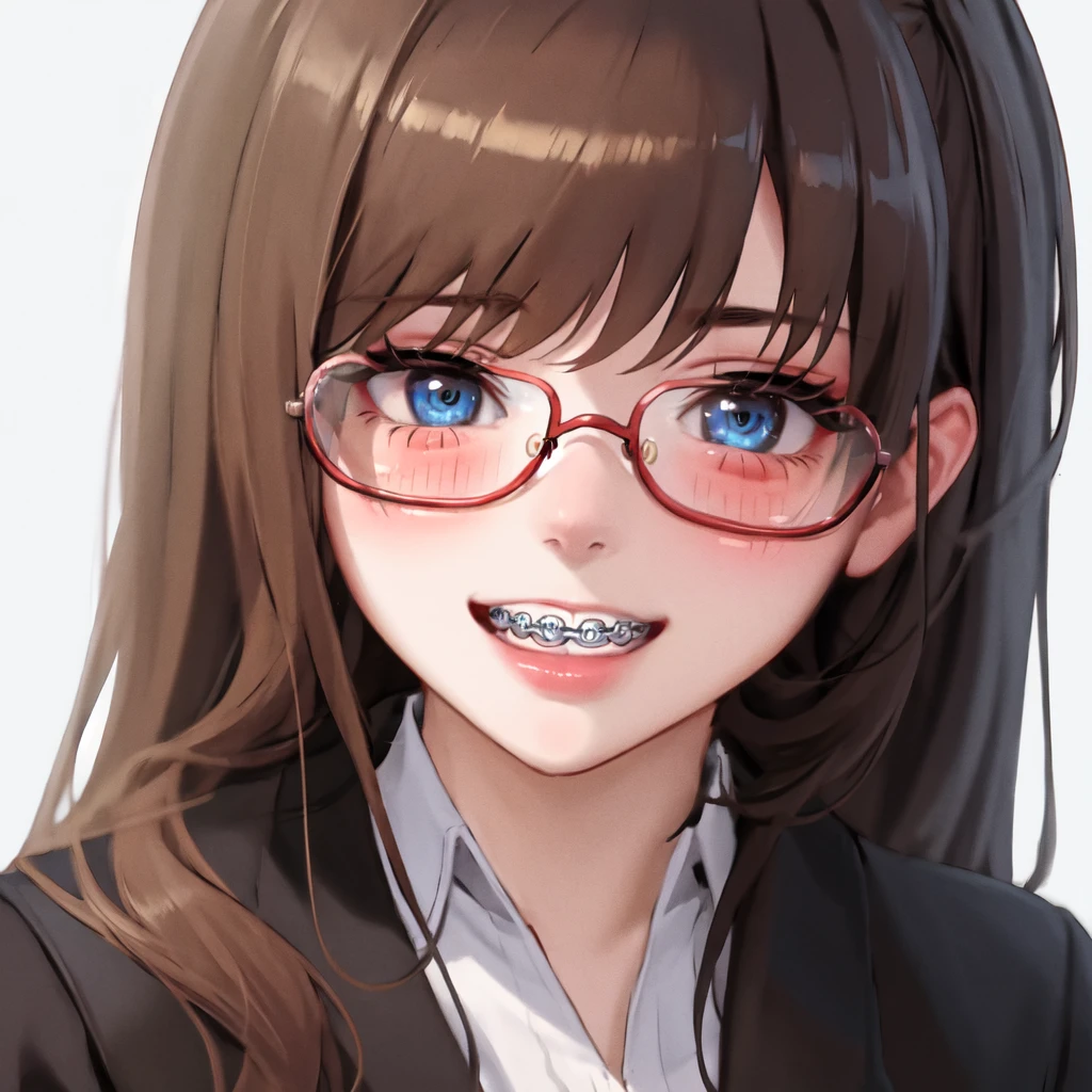 1girl, seductive eyes, braces, smiling, cute, face focus, blue eyes, brown hair, best quality, masterpiece, blush, glasses, highres