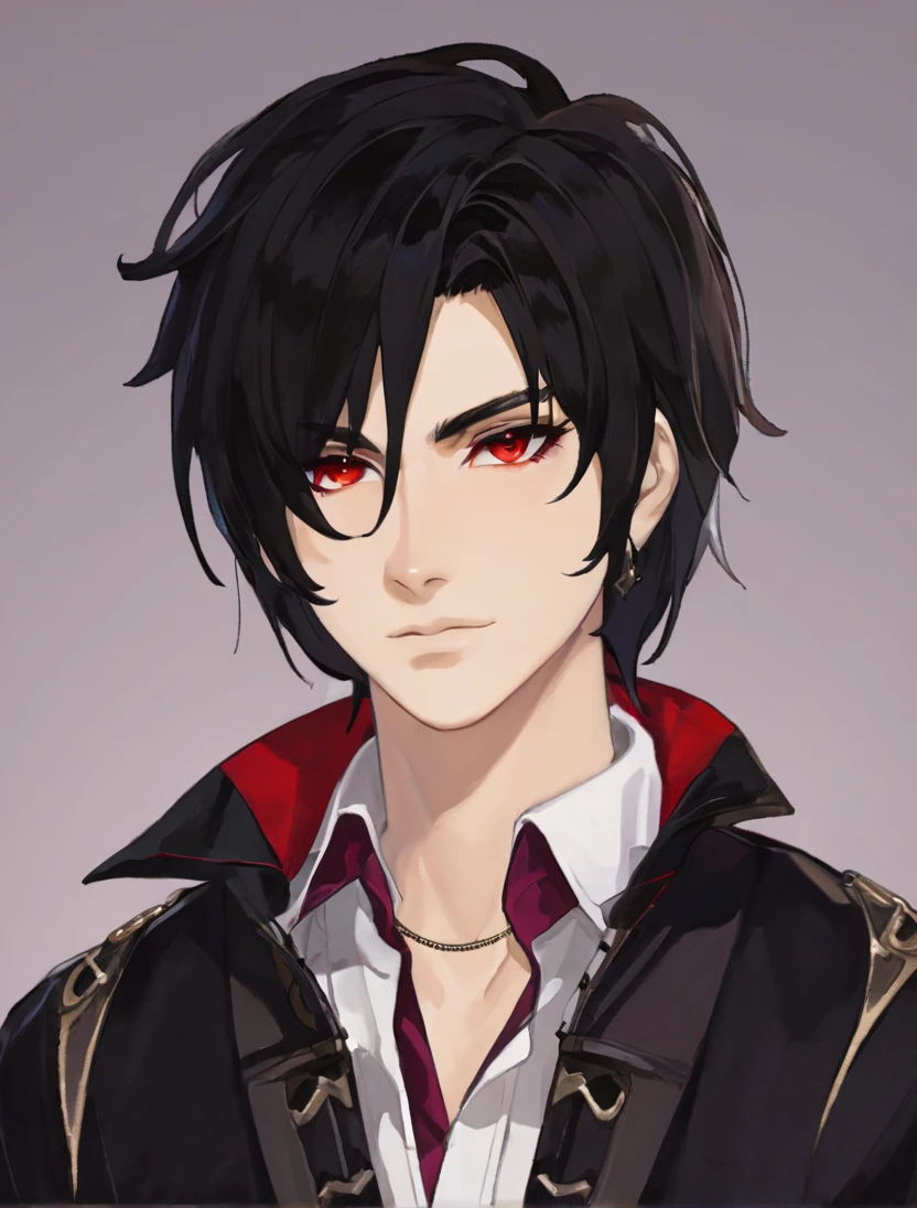 (Black_Hair), (red_ruby_eyes), (Handsome), (attractive), (male), (detailed_eyes), (detailed_hair), (clean_hair), (vertical_pupils), (jawline), (wears_aristrocatic_outfit), (in_his_late_teens), (short_hair)