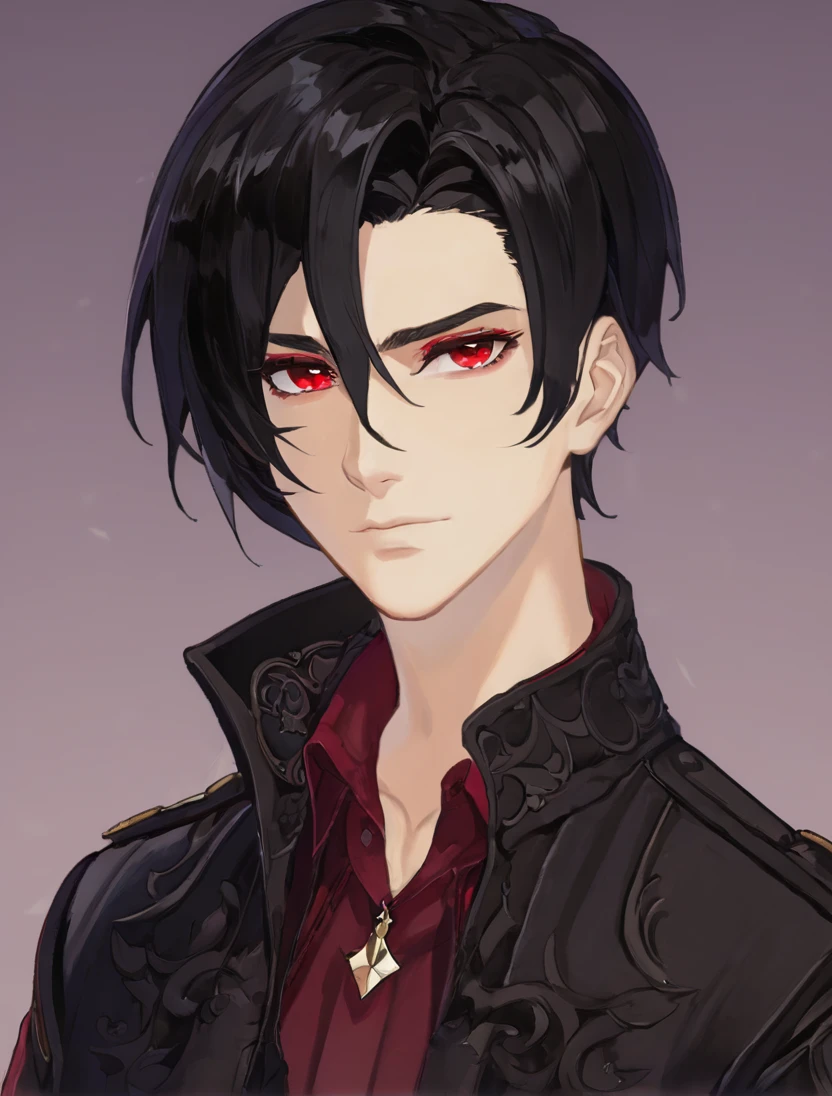 (Black_Hair), (red_ruby_eyes), (Handsome), (attractive), (male), (detailed_eyes), (detailed_hair), (clean_hair),  (vertical_pupils), (jawline), (wears_aristrocatic_outfit), (in_his_late_teens), (short_hair)