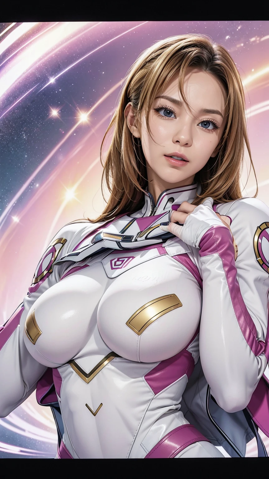 (masterpiece:1.2, Highest quality),(Very detailed),8K,wallpaper,1 female,Mature Woman,48 years old,sentai heroine pink,Muscular,((White metallic squadron suit)),(((Better Hands))),((The background is Galaxy Flash)),Random hairstyle,Random Pause,(((Beautiful female hands,detailed drawing of a hand))),cyber punk,((Beautiful trading cards,gold framed))