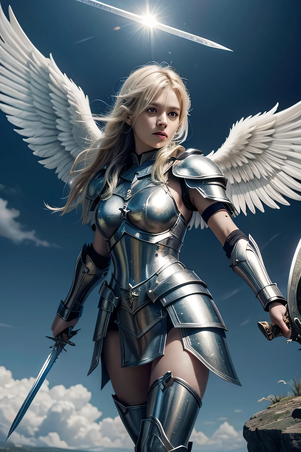 Strong angel with heavenly armor, with sword shield, seven wings, poised for battle