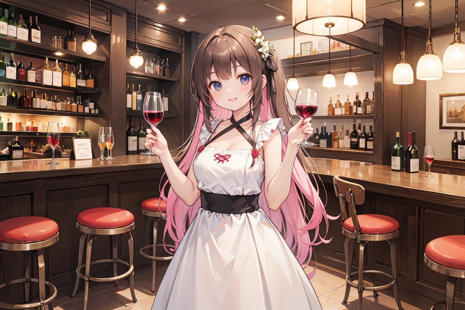 Photorealistic、Highest quality、Highest Resolution、Highest quality、8K、Beautiful woman、smile、Smile、looks fun、Stylish bar、Many customers、wine、cheers、