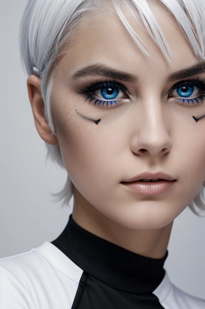 young woman, White hair, short hair, vortex, right eye black with white pupil, left eye blue with black pupil, black T-shirt 