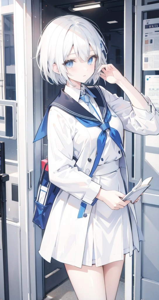 White Hair Blue eyes Girl Short Hair uniform high school student
