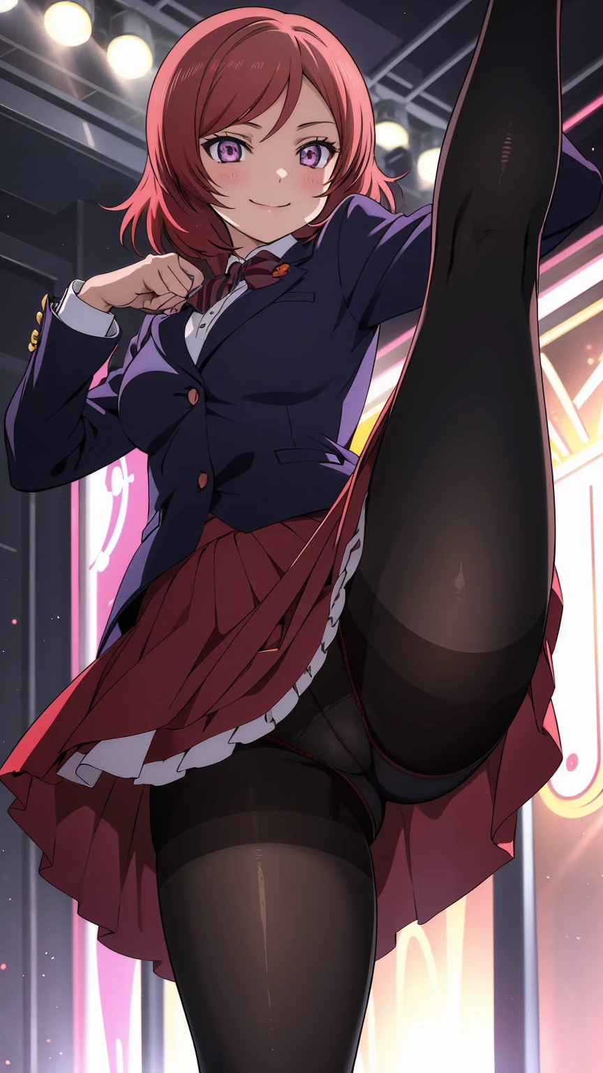 Maki Nishikino、One Girl, Five Fingers, mini skirt, Looking down at the viewer,, Highest quality, Focus on the thighs, Dynamic pose, smile, blazer, blouse, Black Pantyhose, panties under pantyhose, Standing Split, Stylish pose,My thighs and groin are steamy 、crowd