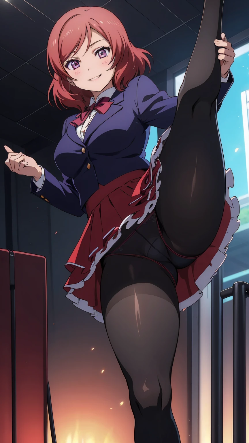 Maki Nishikino、One Girl, Five Fingers, mini skirt, Looking down at the viewer,, Highest quality, Focus on the thighs, Dynamic pose, smile, blazer, blouse, Black Pantyhose, panties under pantyhose, Standing Split, Stylish pose,My thighs and groin are steamy 、crowd