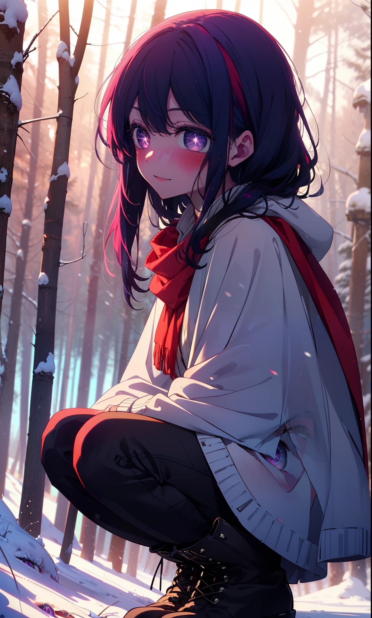 aihoshino, Ai Hoshino, Long Hair, bangs, (Purple eyes:1.1), Purple Hair, (Symbol-shaped pupil:1.5), smile,,smile,blush,White Breath,
Open your mouth,snow,Ground bonfire, Outdoor, boots, snowing, From the side, wood, suitcase, Cape, Blurred, , forest, White handbag, nature, Squat, Mouth closed, Cape, winter, Written boundary depth, Black shoes, red Cape break looking at viewer, Upper Body, whole body, break Outdoor, forest, nature, break (masterpiece:1.2), Highest quality, High resolution, unity 8k wallpaper, (shape:0.8), (Beautiful and beautiful eyes:1.6), Highly detailed face, Perfect lighting, Extremely detailed CG, (Perfect hands, Perfect Anatomy),