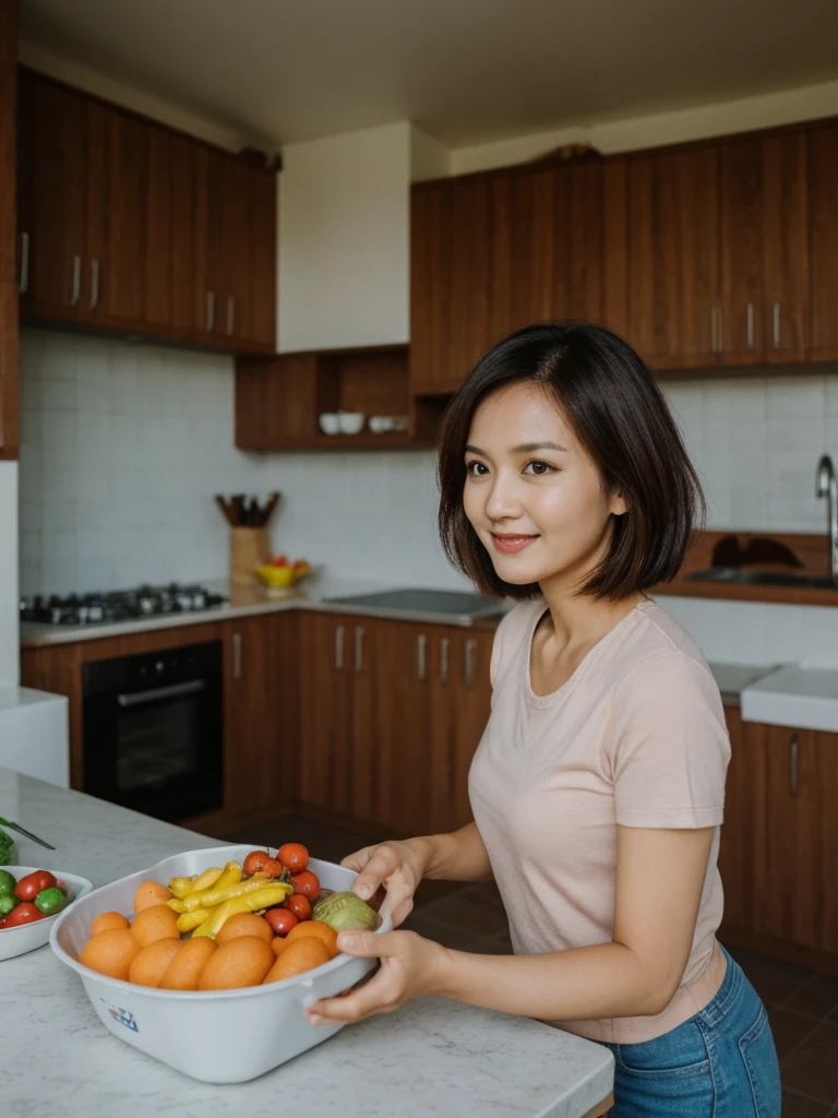 Mina, 1girl, solo, realistic, photorealistic, high quality picture, 8k, high resolution, detailed quality, film grain, natural photo, ultrarealistic, (((25-years-old))), ((detailed wrinkles in her face)), FILIPINA, (Background: Indonesian), (((SLIM))), ((THIN)), (Slender) (Auburn Short hair)), come hither look, fully clothed, Pose: standing, ((preparing lunch in her house in Indonesia)), sunrise, full shot