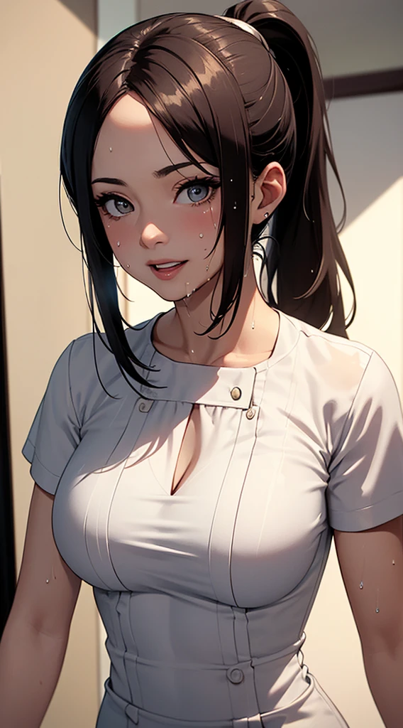 masterpiece, Best image quality, high resolution、solo、LOP,big bust,、uniform、high-ponytail Hairstyle、Not wearing a bra、Sweaty face、latina, puberty,winters,,38 years old,Madame,goddess,mature 여성, mom,motherhood,mature,madam,wet nurse,Flesh-colored tight dress,excited face,a little laugh