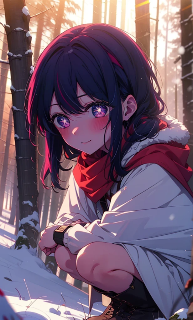 aihoshino, Ai Hoshino, Long Hair, bangs, (Purple eyes:1.1), Purple Hair, (Symbol-shaped pupil:1.5), smile,,smile,blush,White Breath,
Open your mouth,snow,Ground bonfire, Outdoor, boots, snowing, From the side, wood, suitcase, Cape, Blurred, , forest, White handbag, nature, Squat, Mouth closed, Cape, winter, Written boundary depth, Black shoes, red Cape break looking at viewer, Upper Body, whole body, break Outdoor, forest, nature, break (masterpiece:1.2), Highest quality, High resolution, unity 8k wallpaper, (shape:0.8), (Beautiful and beautiful eyes:1.6), Highly detailed face, Perfect lighting, Extremely detailed CG, (Perfect hands, Perfect Anatomy),