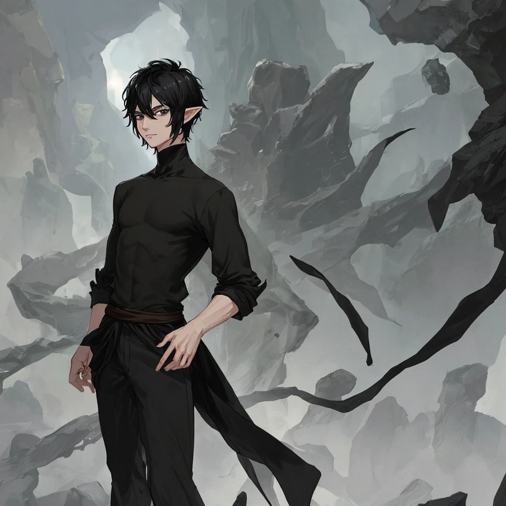 1 man with short hair, black hair, black eyes, wearing a black shirt, elf race, a wizard, has 2 arms.