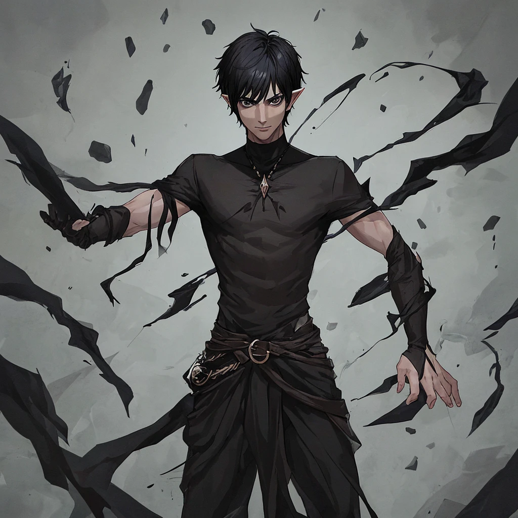 1 man with short hair, black hair, black eyes, wearing a black shirt, elf race, a wizard, has 2 arms.