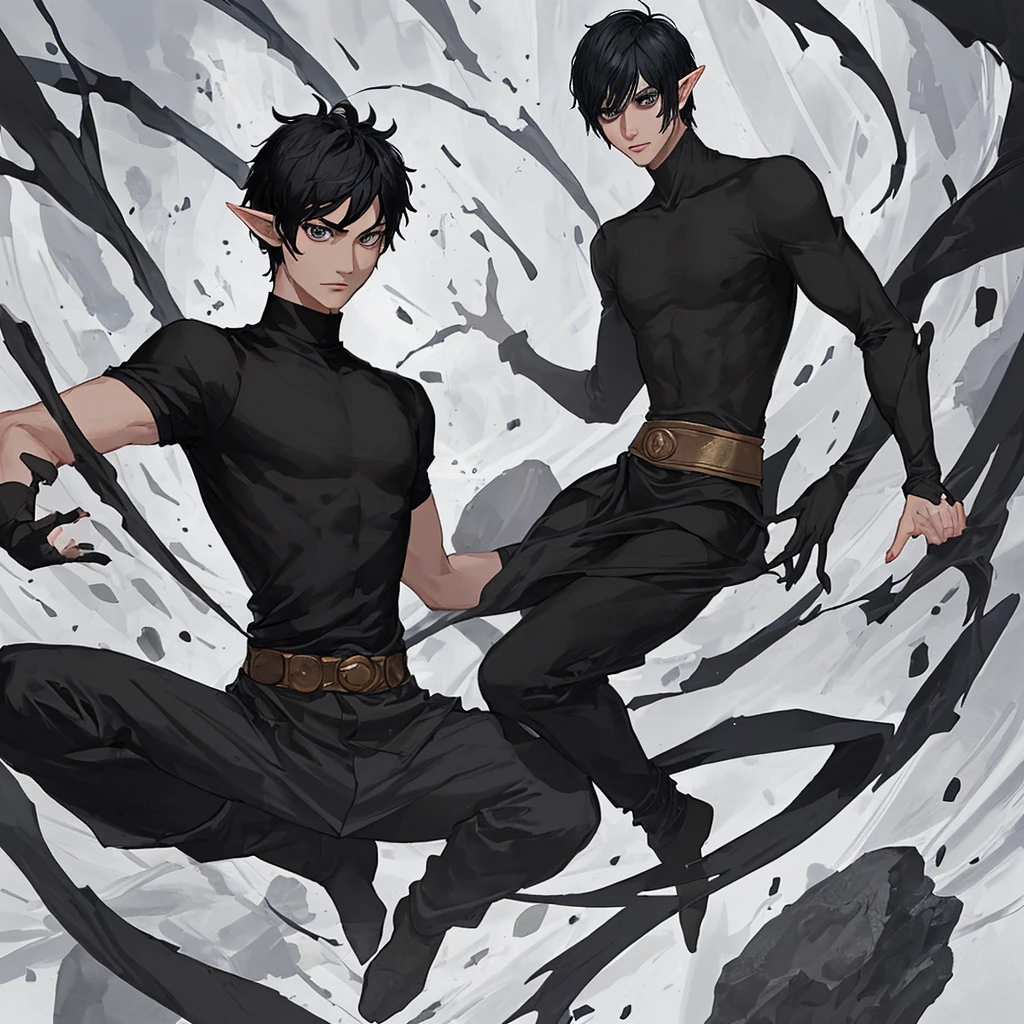 1 man with short hair, black hair, black eyes, wearing a black shirt, elf race, a wizard, has 2 arms.