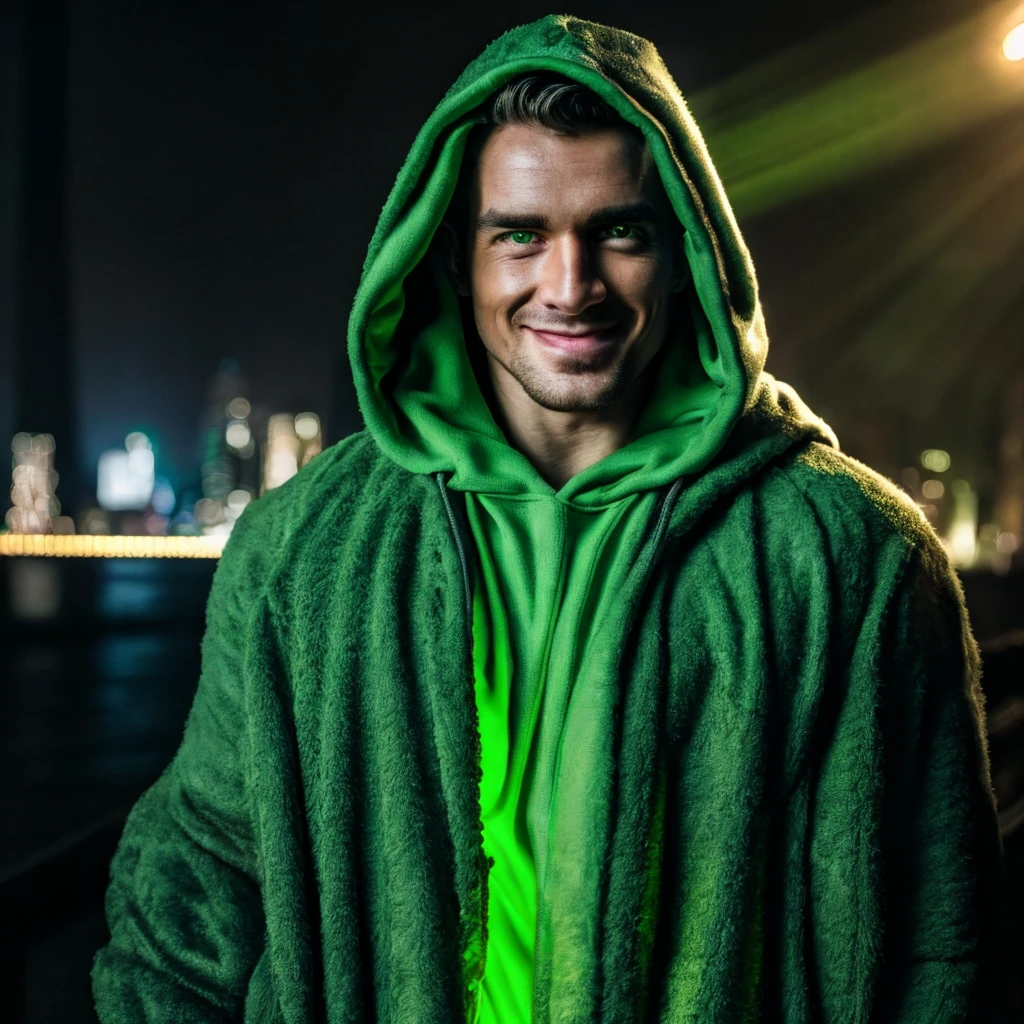 a muscular man with a mysterious and handsome face, a green hooded cloak, radiant green lights in his eyes, cocky smirk, a luminous fantasy landscape in the background, highly detailed, dynamic lighting, dramatic composition, ultrarealistic, 8k, best quality, cinematic film still, RAW, HDR, DSLR,  megapixels, 
