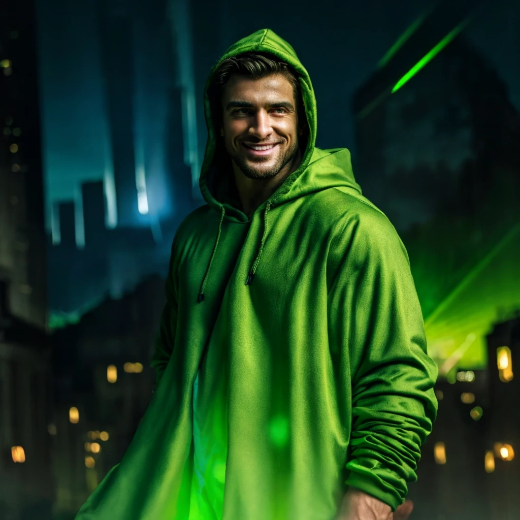 a muscular man with a mysterious and handsome face, a green hooded cloak, radiant green lights in his eyes, cocky smirk, a luminous fantasy landscape in the background, highly detailed, dynamic lighting, dramatic composition, ultrarealistic, 8k, best quality, cinematic film still, RAW, HDR, DSLR,  megapixels, 