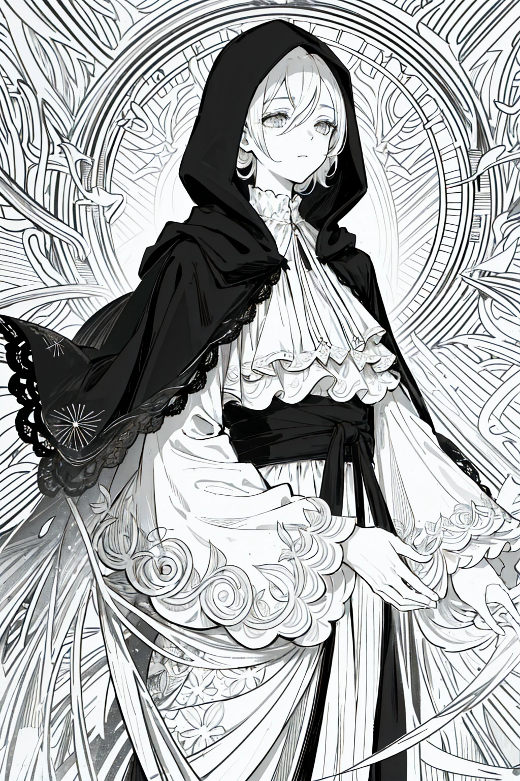 (masterpiece), hres, high quality, 4k, unity render, 1girl, solo, lineart, (monochrome:1.2), intrincate detailed,Wearing a black robe with lace,Wearing a black hood,hood covers his eyes,black hair,Slightly curlyhair,Beautiful,cold expression,sketch,