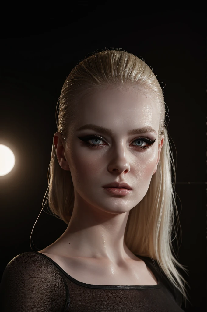 woman pretty, blonde, slicked back blonde hair , big breast,  sexy, pale skin ,shower, wet, eyeliner ,foxy eyeliner , makeup ,pale woman painting, beautiful light deep focus, elegant, digital painting, smooth, dramatic lighting , 8k, art , black background,black background, black wallpaper